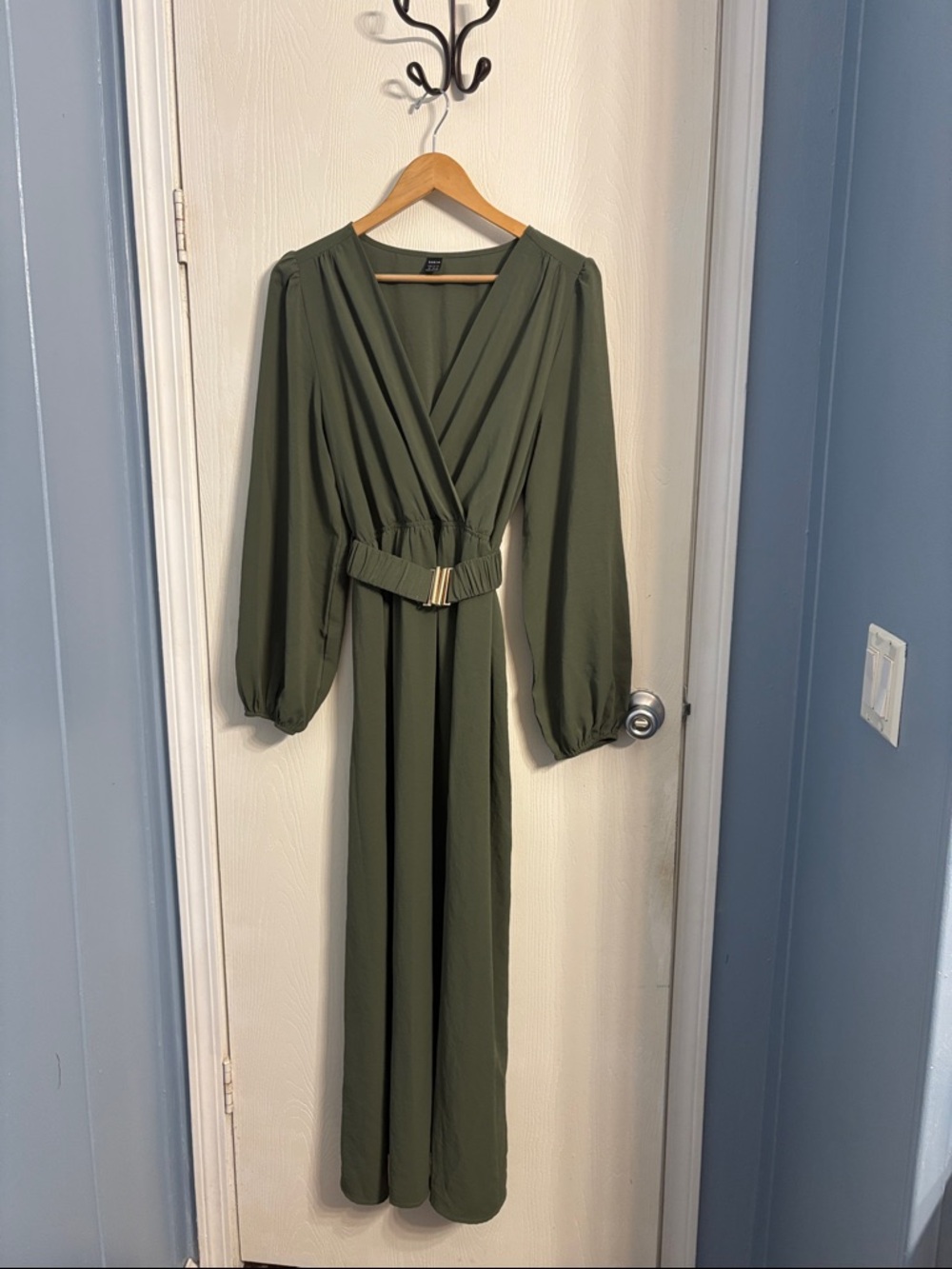 SHEIN Olive Wrap Maxi Dress with Gold Buckle Belt